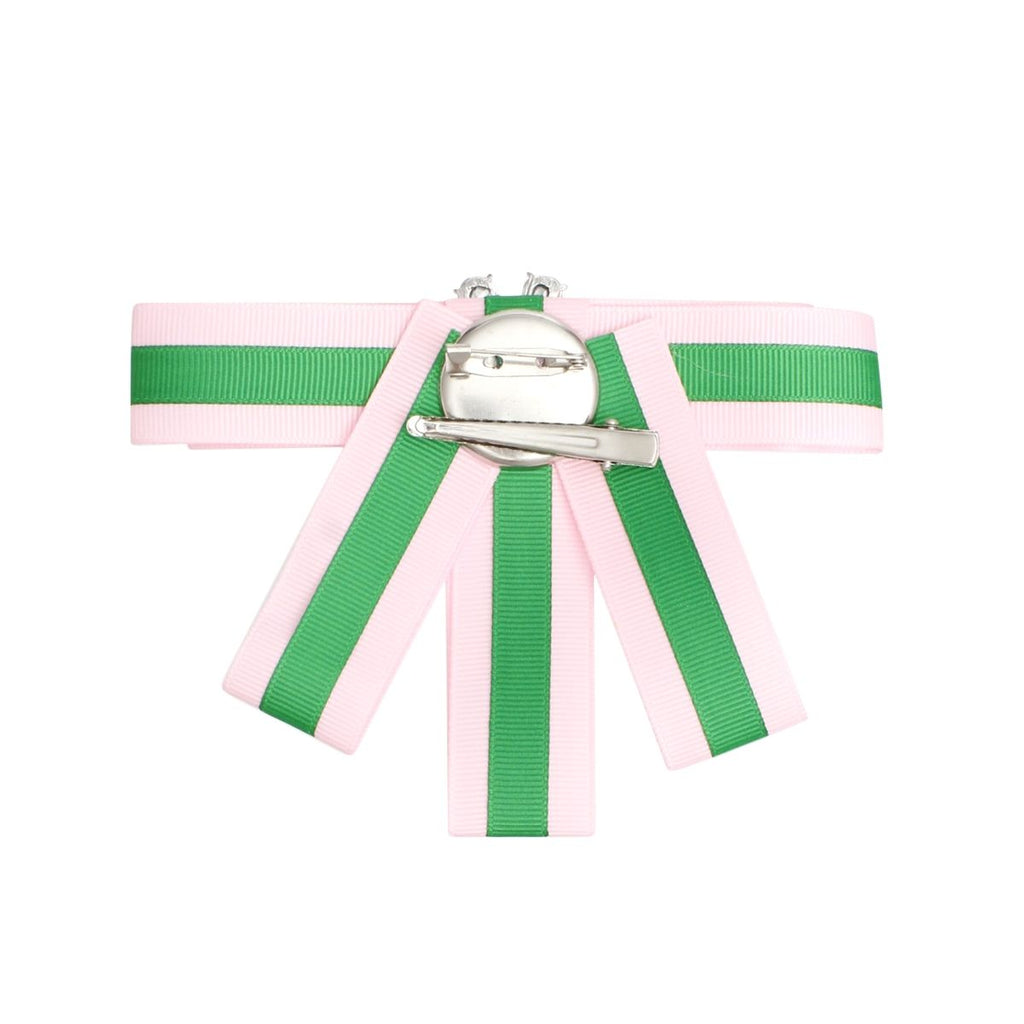 Pink green crystal bow tie brooch pin side view ribbon