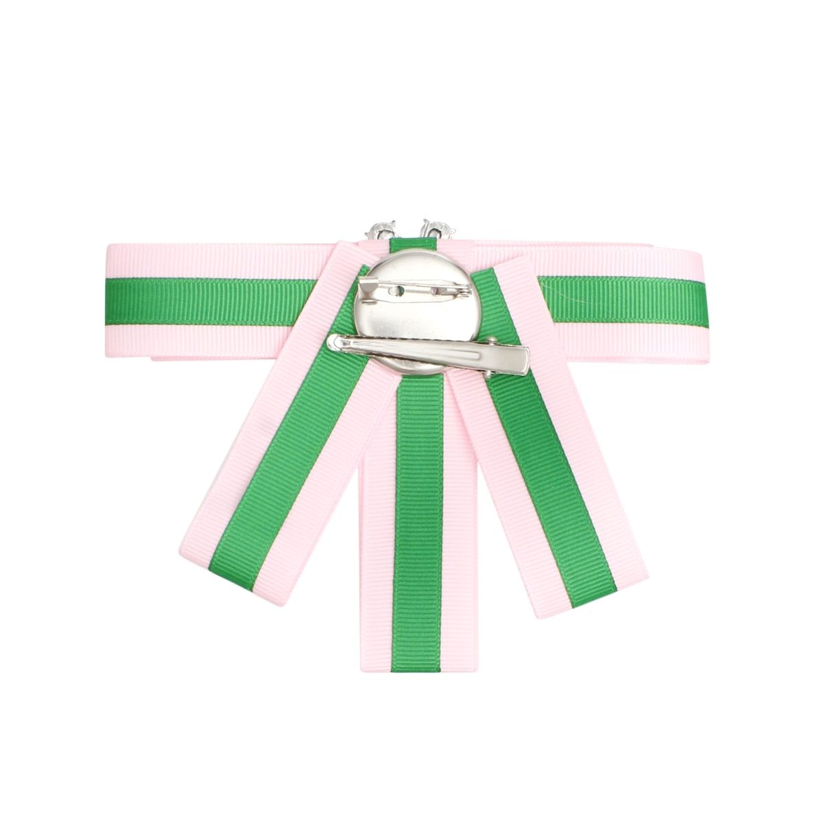 Pink green crystal bow tie brooch pin side view ribbon