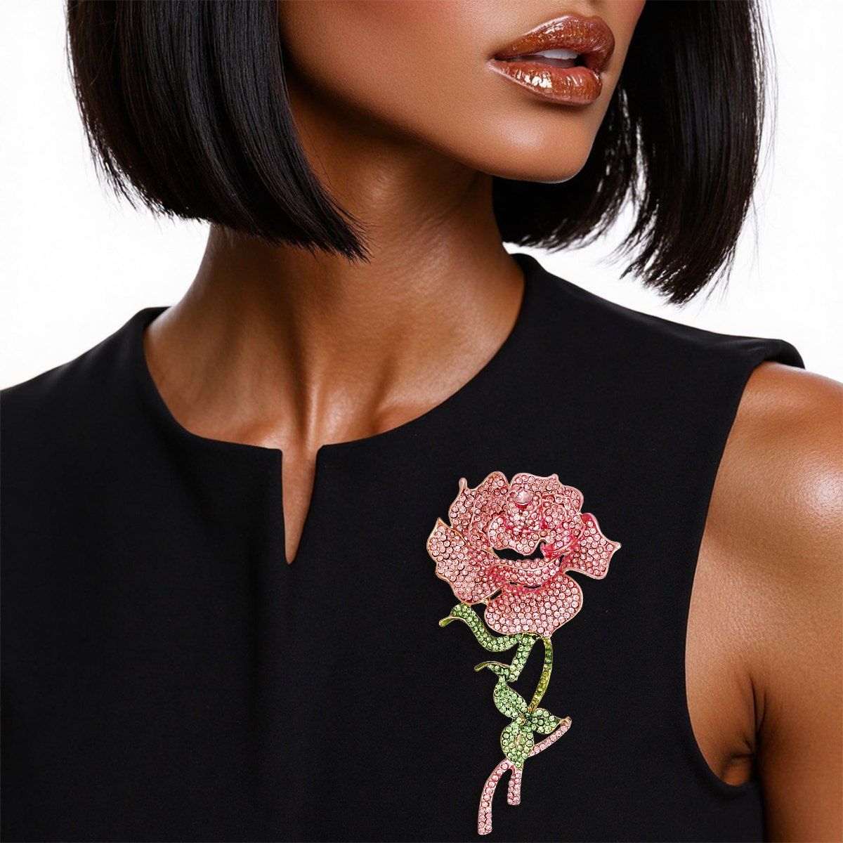 Pink green sparkle rose blooming brooch rhinestone floral statement pin women
