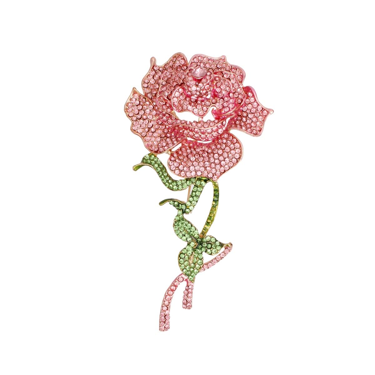 Pink sparkle rose blooming brooch green rhinestone detail close up
