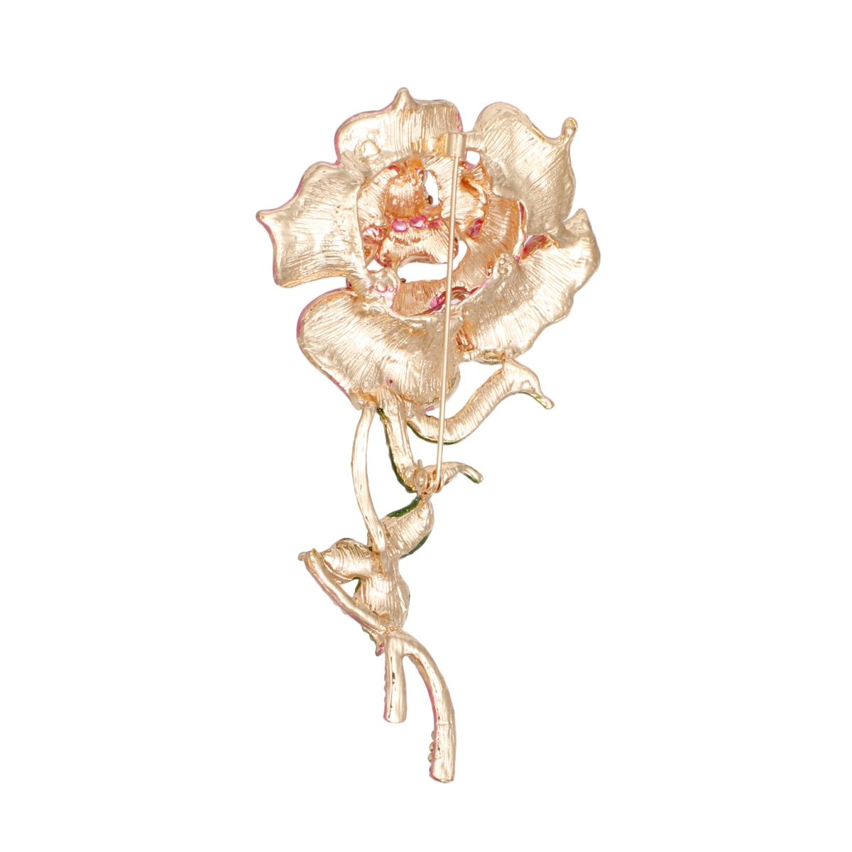 Pink green sparkle rose brooch pin front view floral rhinestone bold