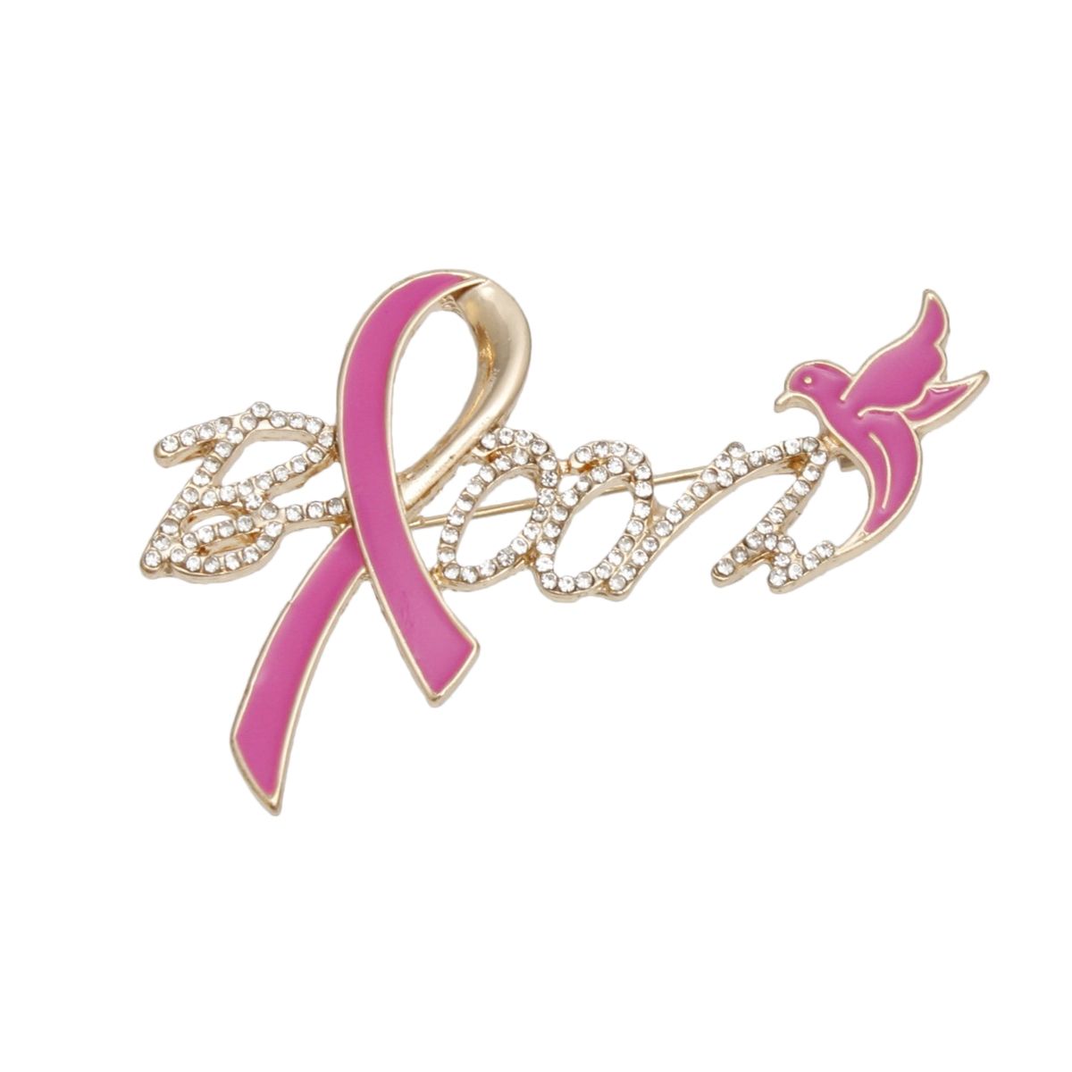 Gold bloom breast cancer awareness pink ribbon floral brooch pin detail