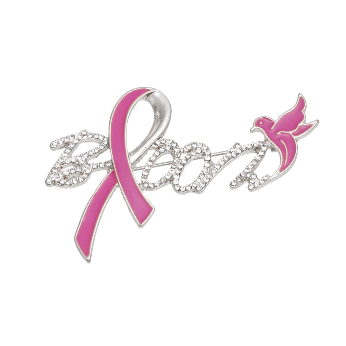Silver bloom breast cancer awareness pink ribbon floral brooch pin detail