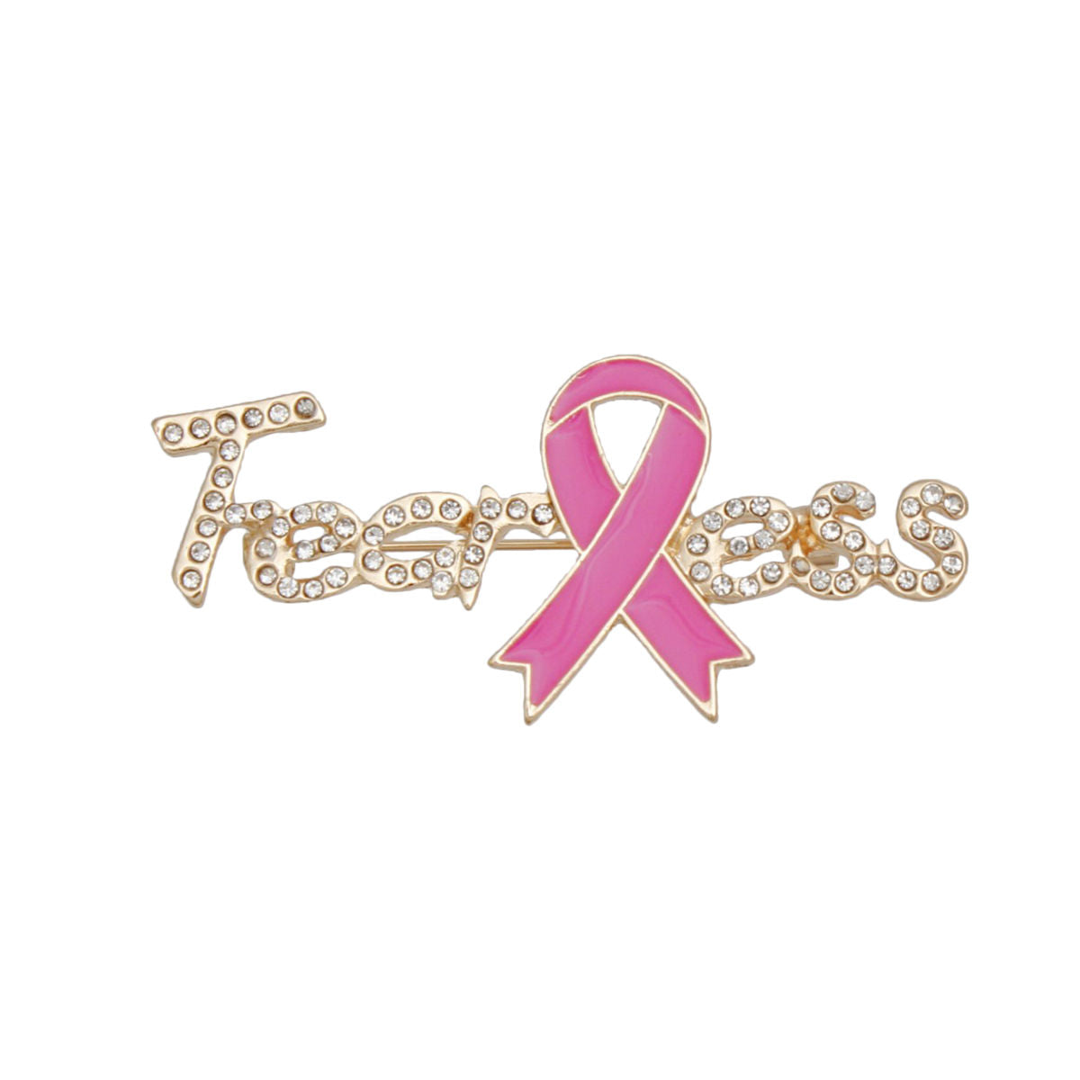 Gold fearless fuchsia pink breast cancer ribbon brooch pin close up
