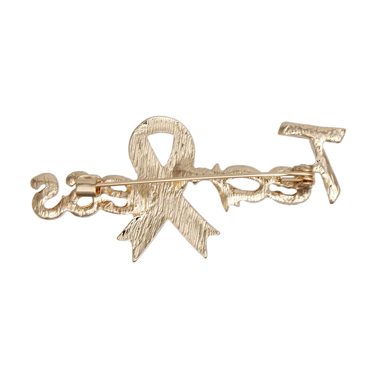 Gold fearless breast cancer brooch pin on blazer lapel