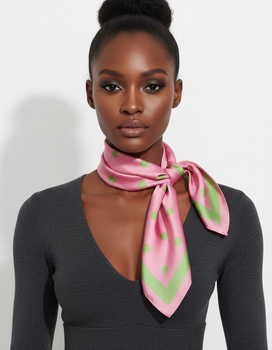 Pink green polka dot silky square scarf women fashion accessory pink trim