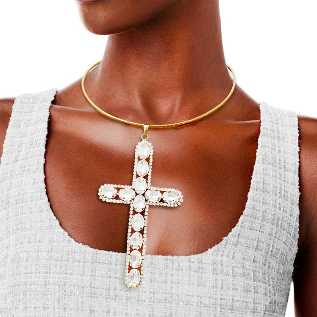 Gold rigid collar elegant cross necklace structured statement faith jewelry women