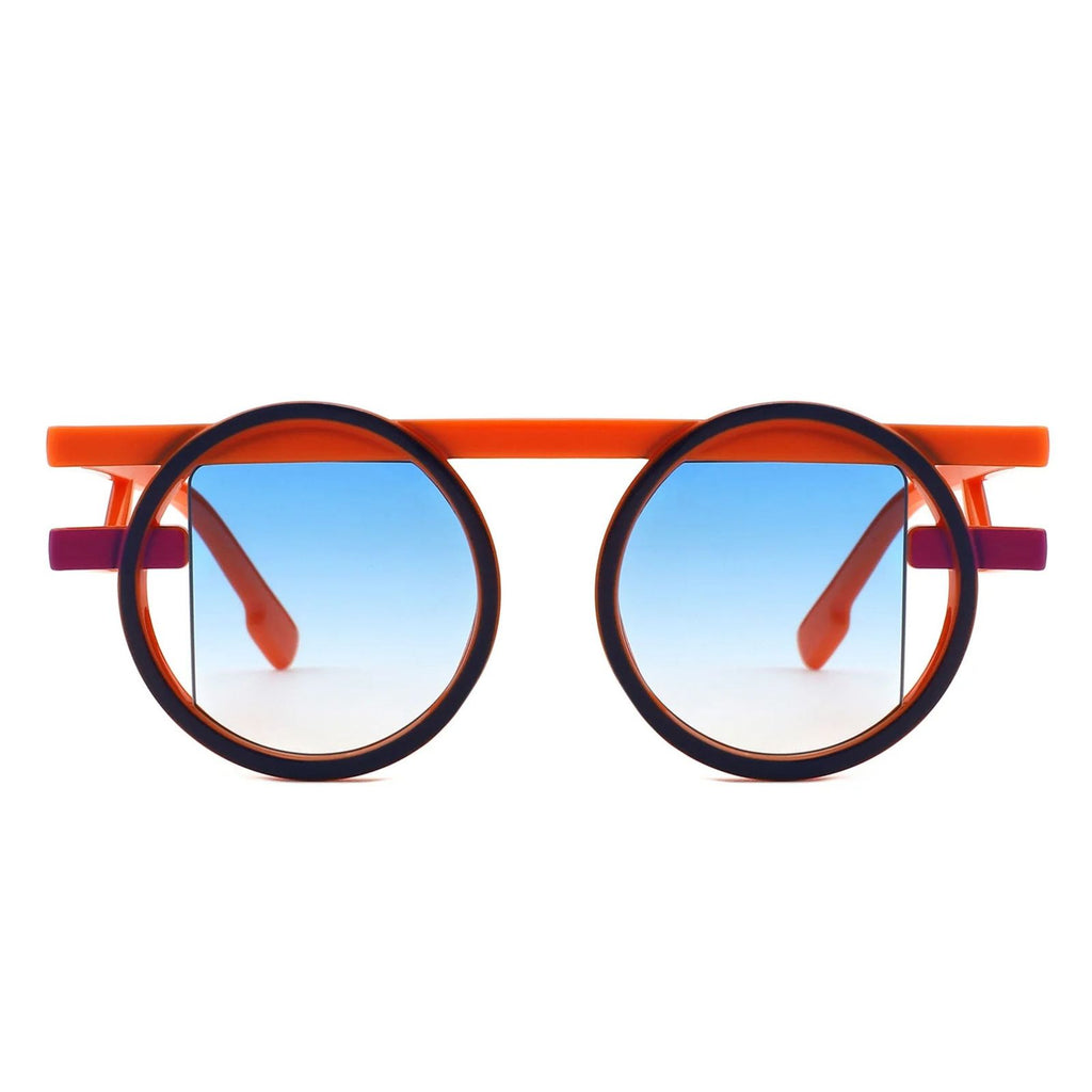 Orange purple double frame round sunglasses side profile futuristic