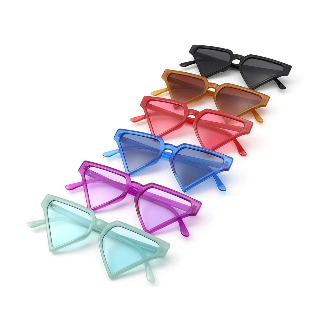 Purple pointed triangle sunglasses women front view statement