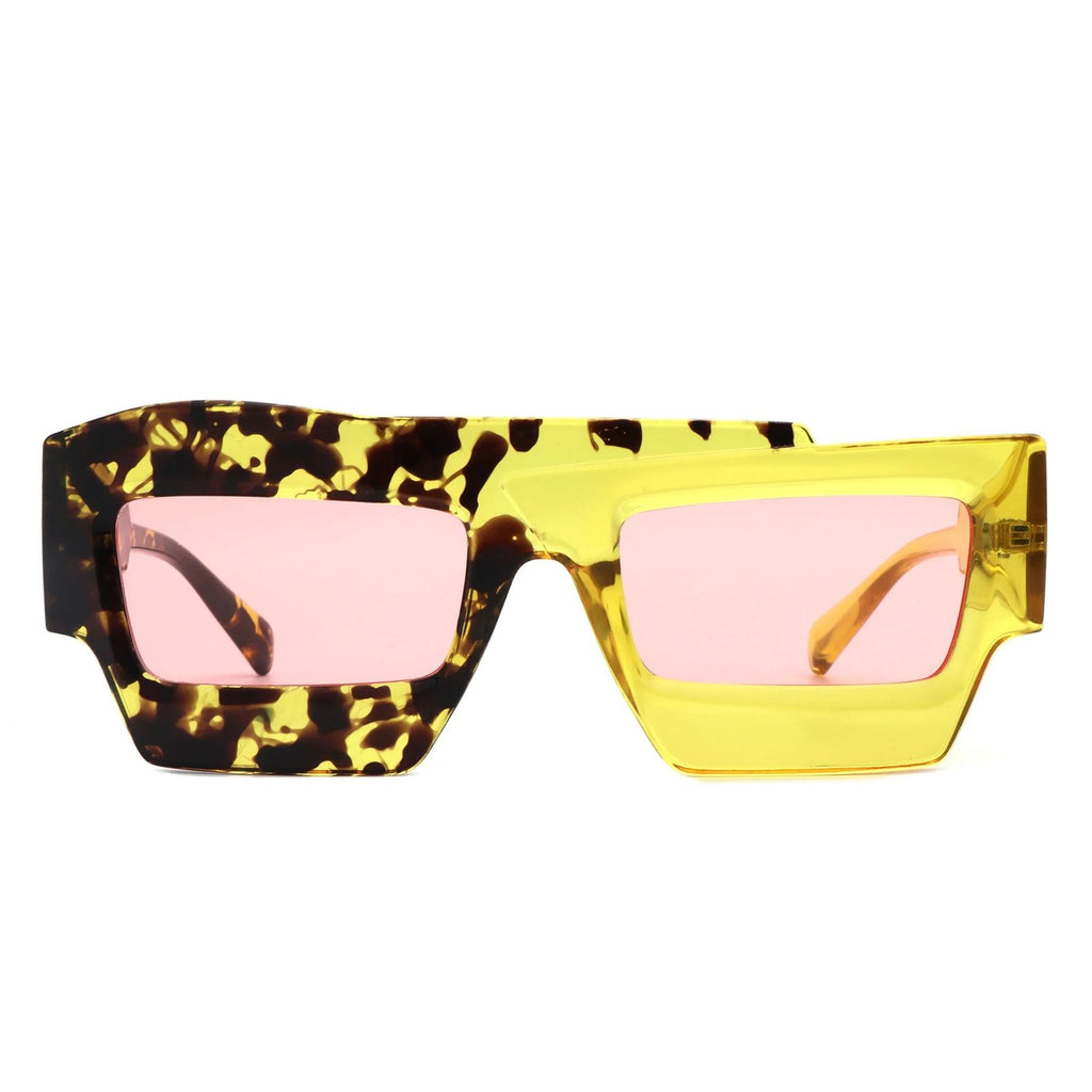 Yellow flat top square sunglasses women side profile view