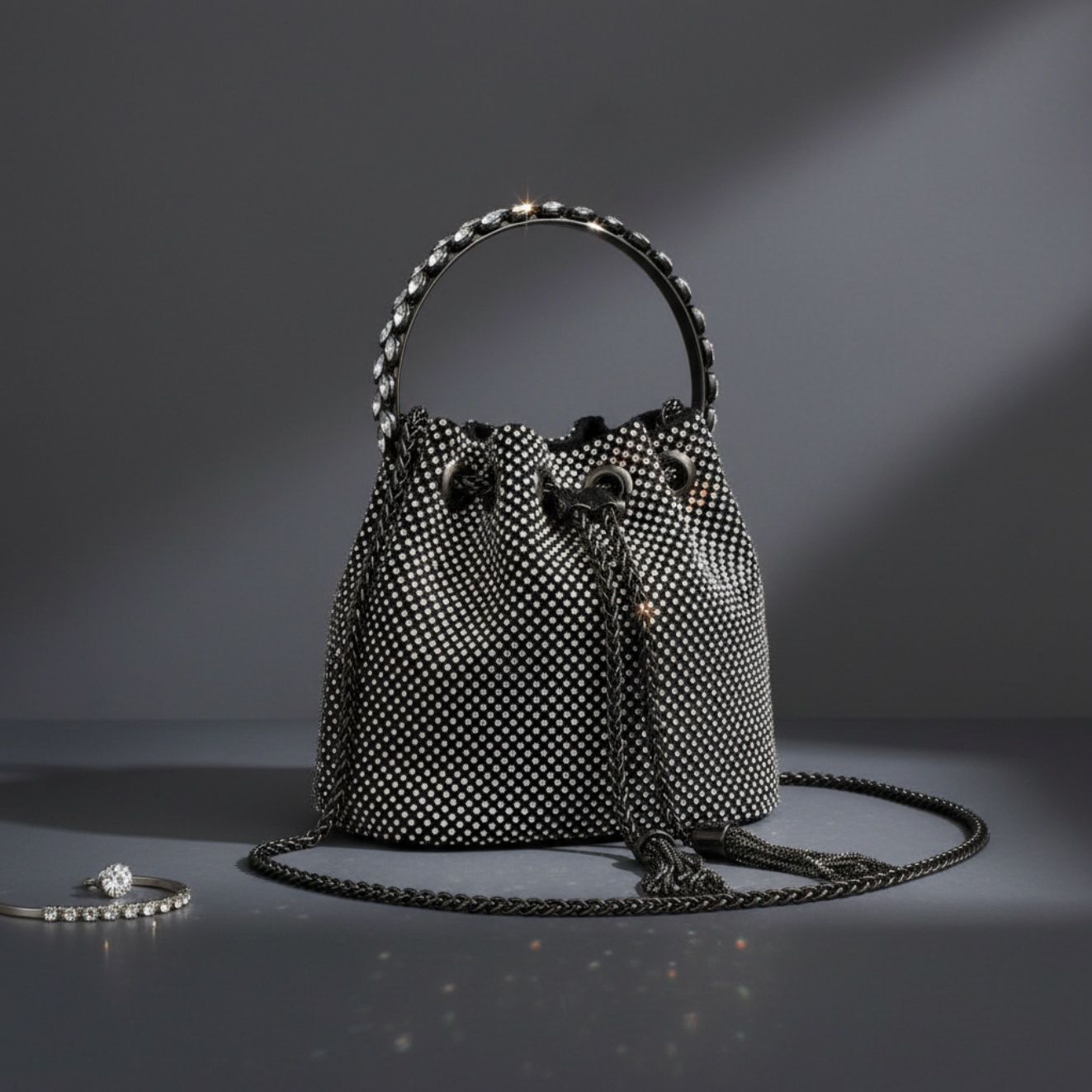 Bucket Bag Black Rhinestone Mesh Crystal Clutch