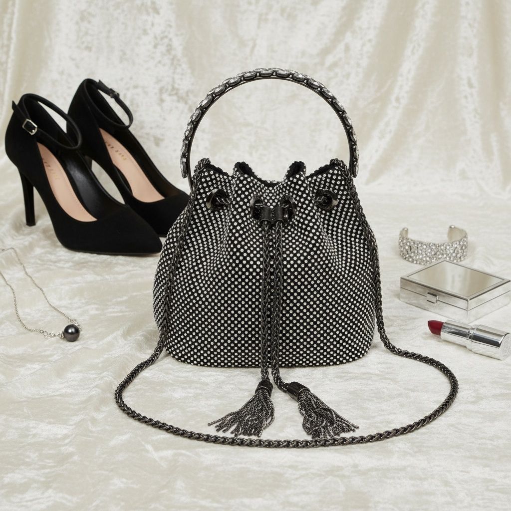 Bucket Bag Black Rhinestone Mesh Crystal Clutch