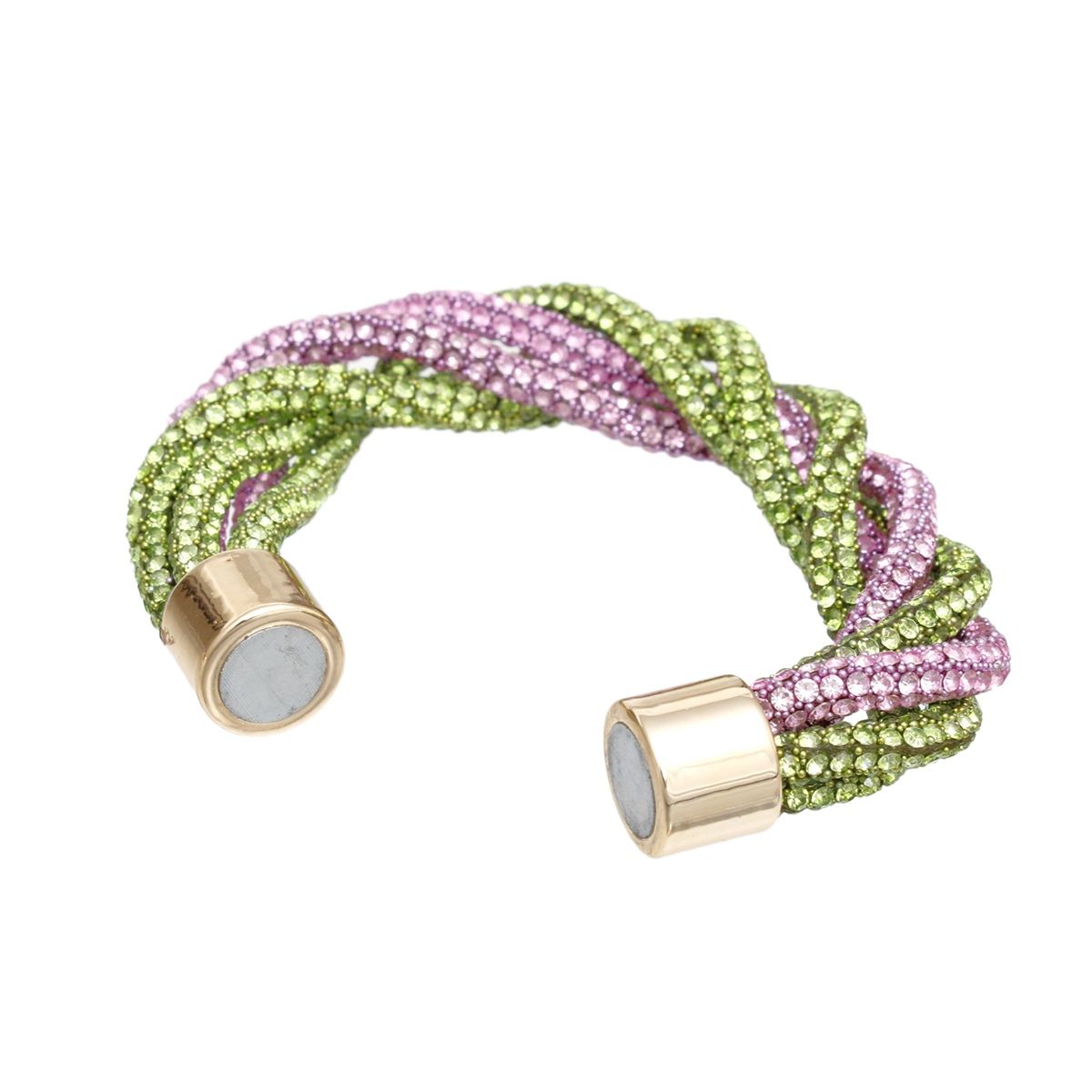 Pink green twisted bracelet worn on wrist vibrant bold side view