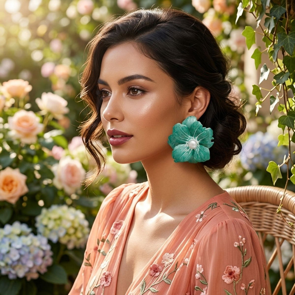 Green oversized painted petal flower stud earrings Hawaiian floral jewelry bold