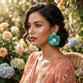 Green oversized painted petal flower stud earrings Hawaiian floral jewelry bold