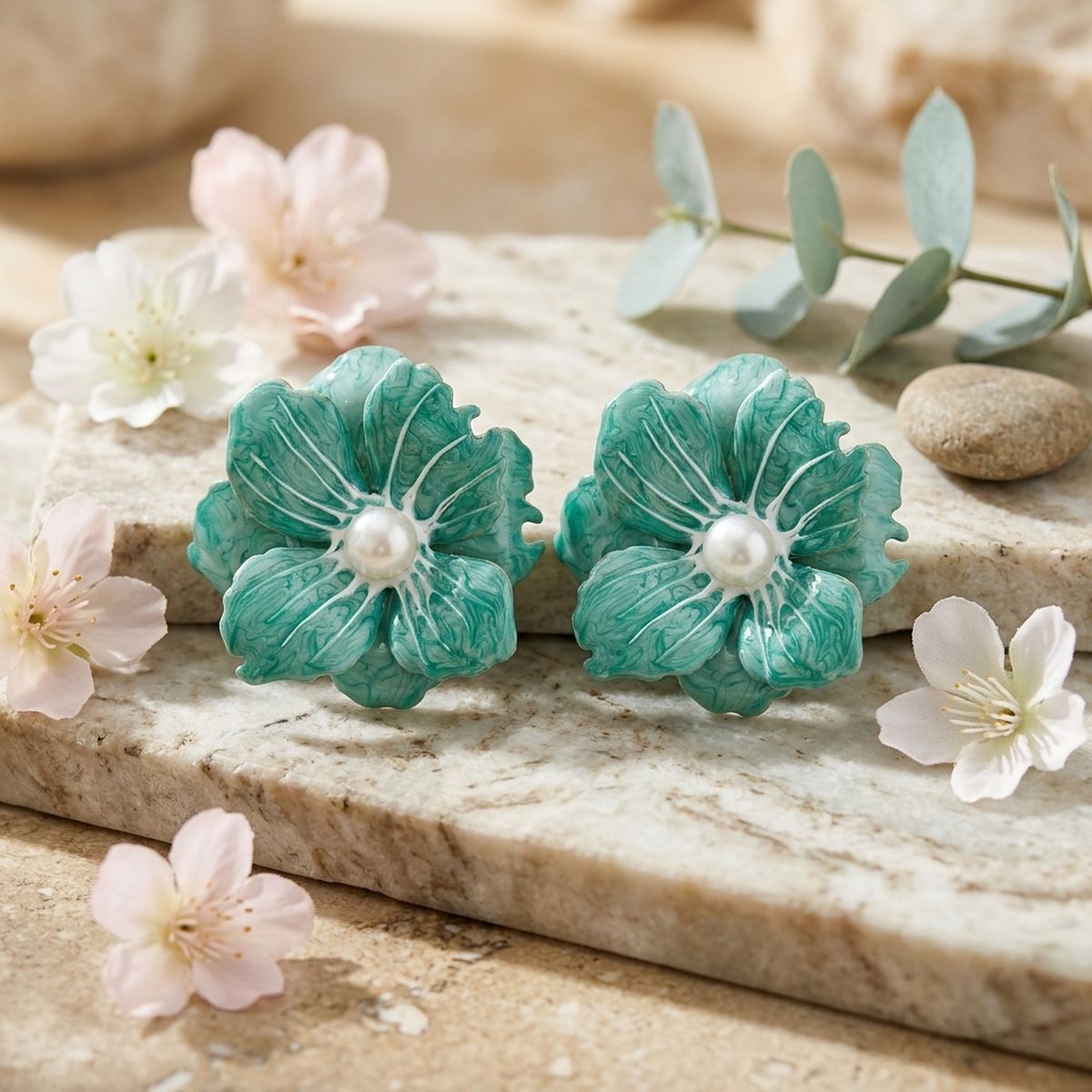 Green flower stud earrings swirled enamel petal detail close up
