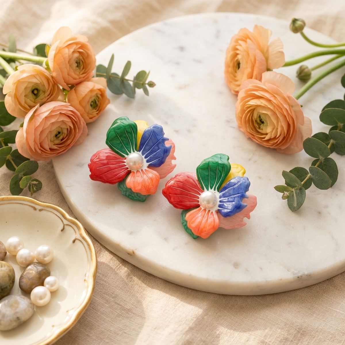Multicolor flower stud earrings swirled enamel petal detail close up