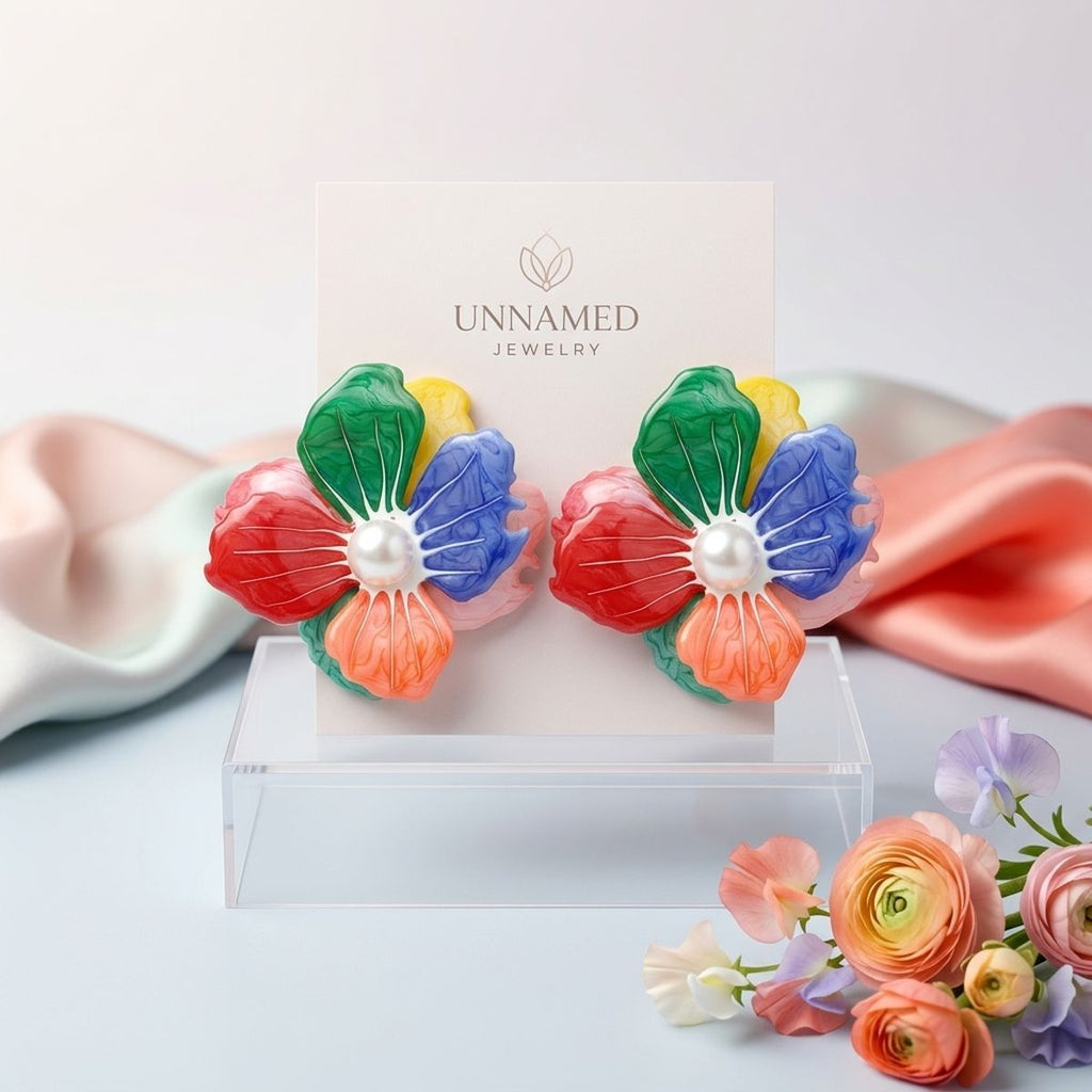 Rainbow multicolor Hawaiian flower stud earrings front view bold