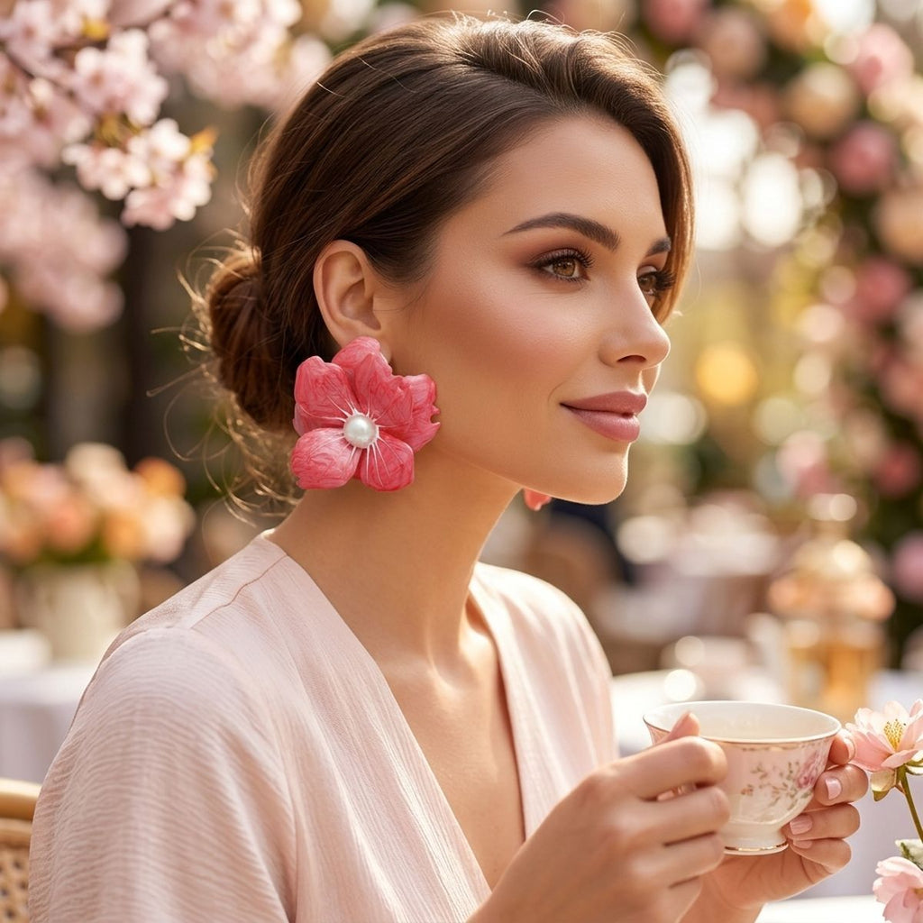 Pink oversized painted petal flower stud earrings Hawaiian floral jewelry