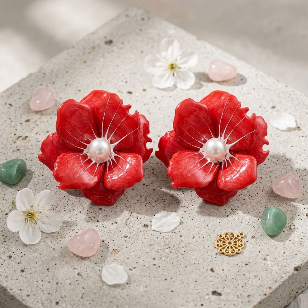 Red oversized flower stud earrings enamel petal detail close up