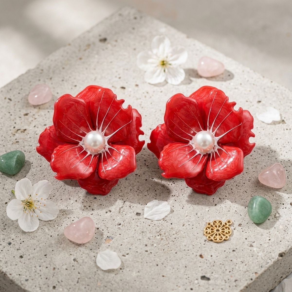 Red oversized flower stud earrings enamel petal detail close up