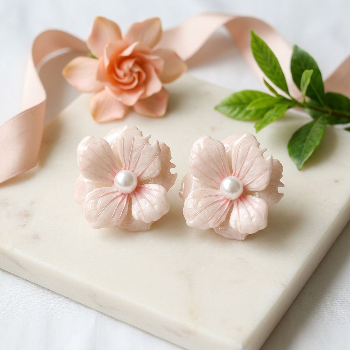 White oversized flower stud earrings enamel petal detail close up