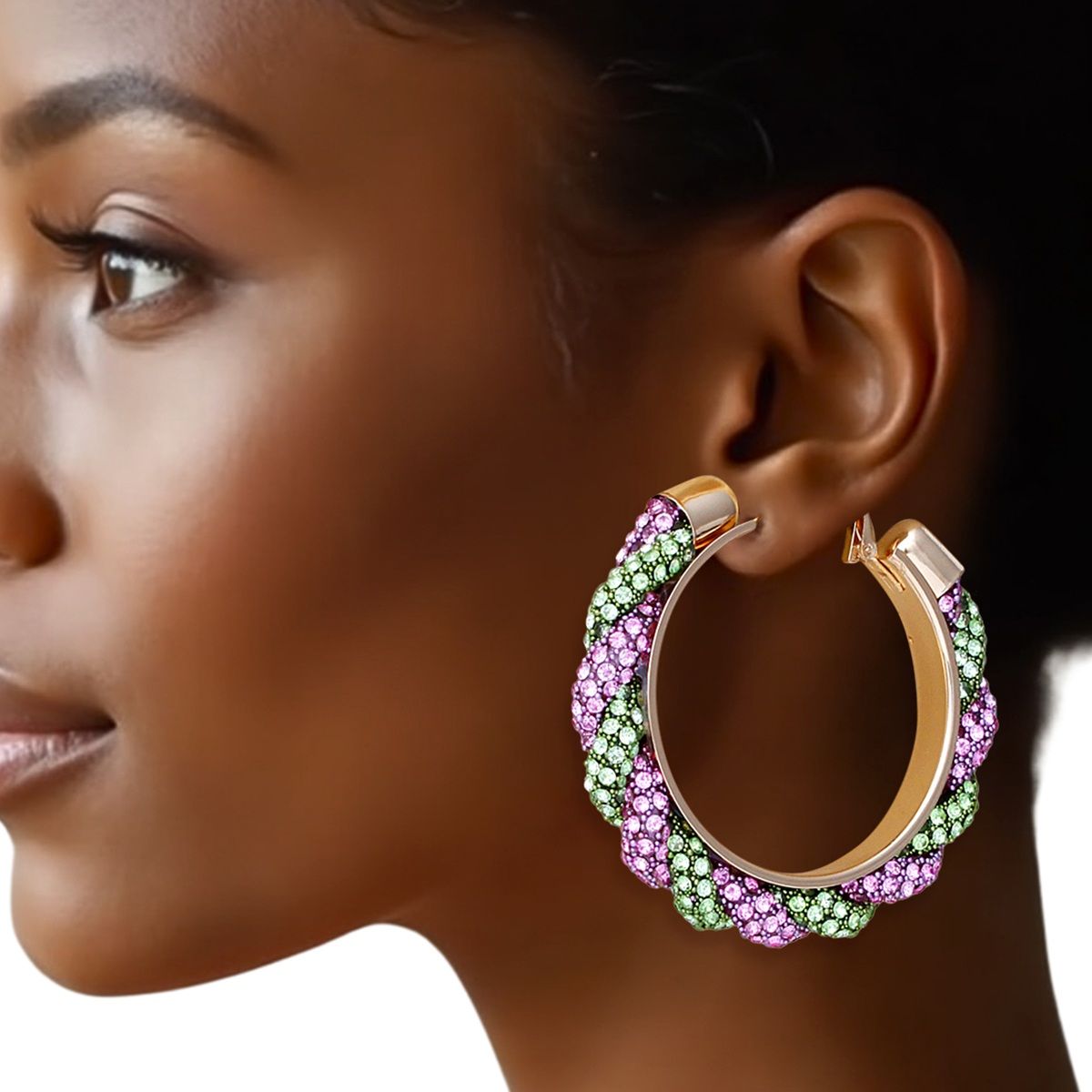 Pink green twisted tube hoop earrings vibrant statement jewelry women bold