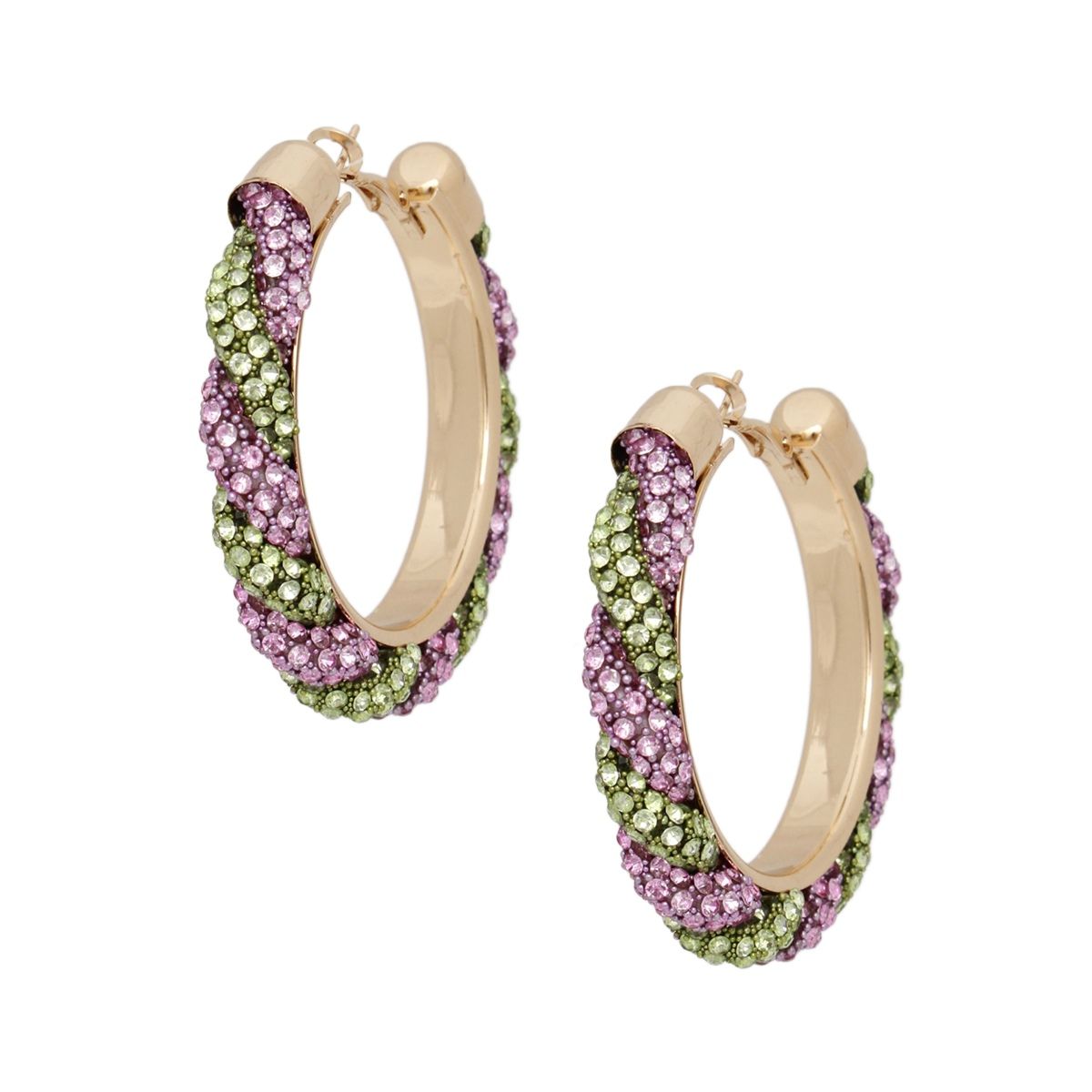 Pink green twisted tube hoop earrings close up twisted detail texture