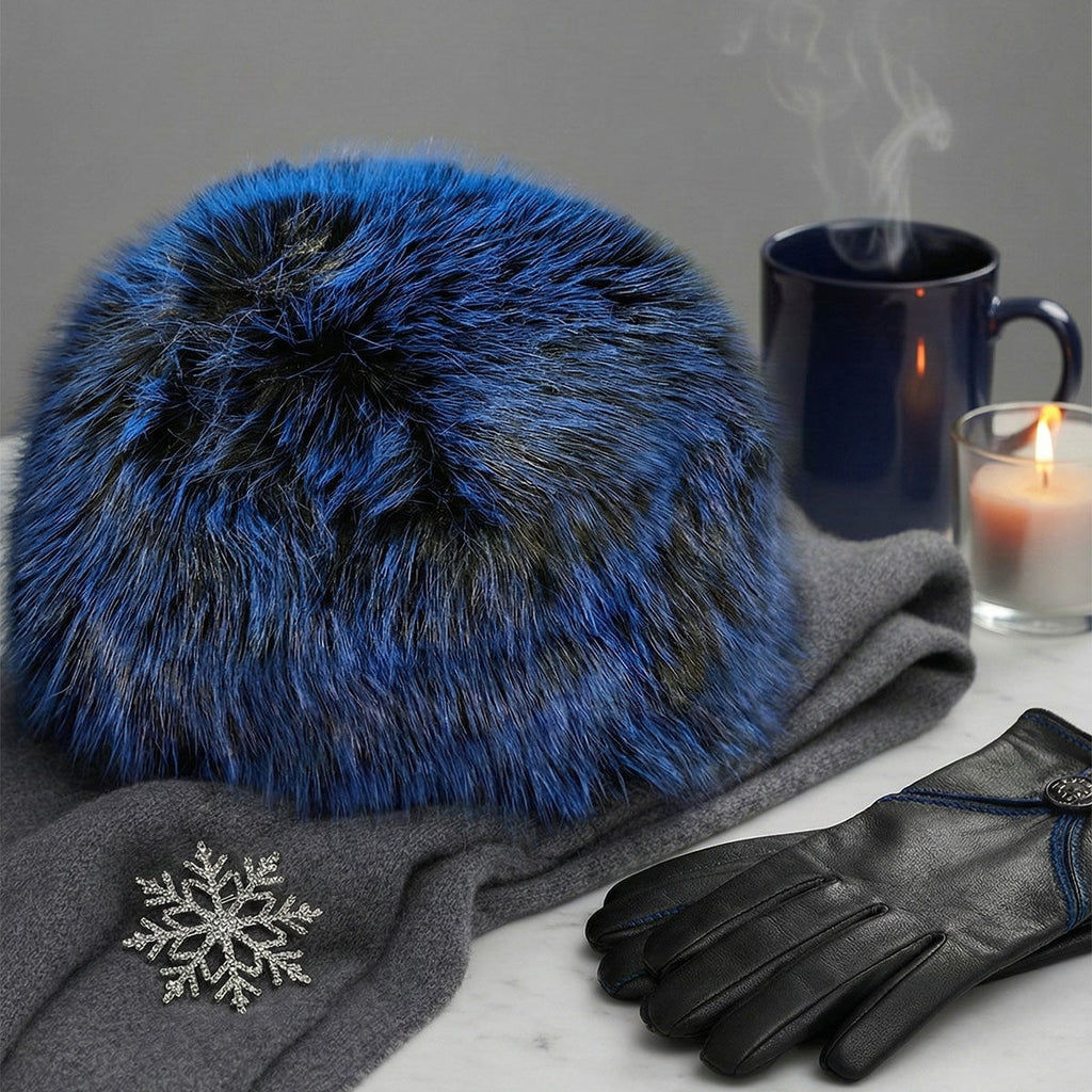 Blue Furry Hat Luxe Faux Fur Blue Kubanka Winter Cap Women