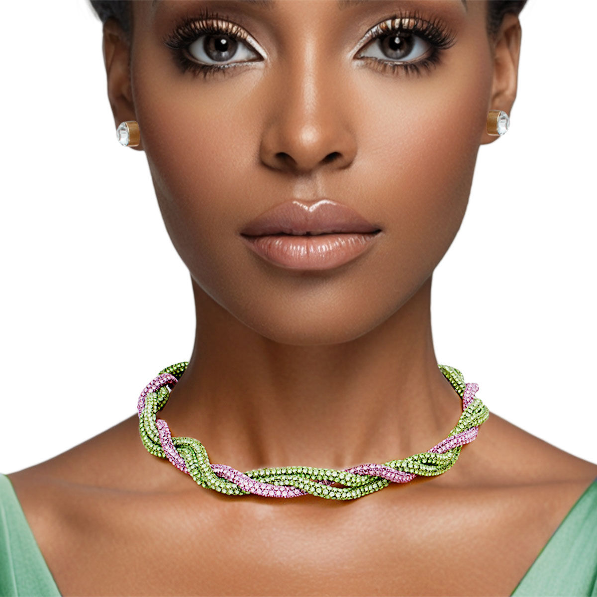 Pink green vibrant twisted tube necklace bold statement jewelry women