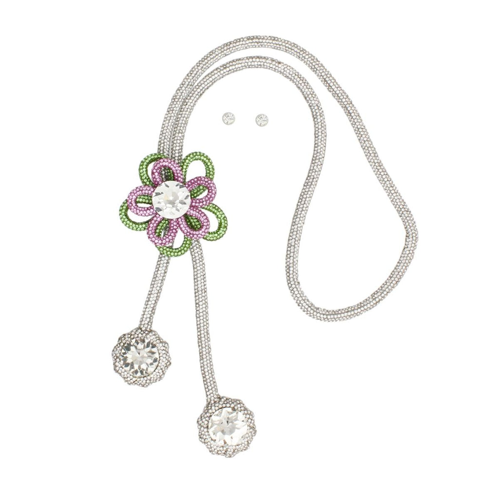Pink green sparkling flower Y necklace artisan detail close up