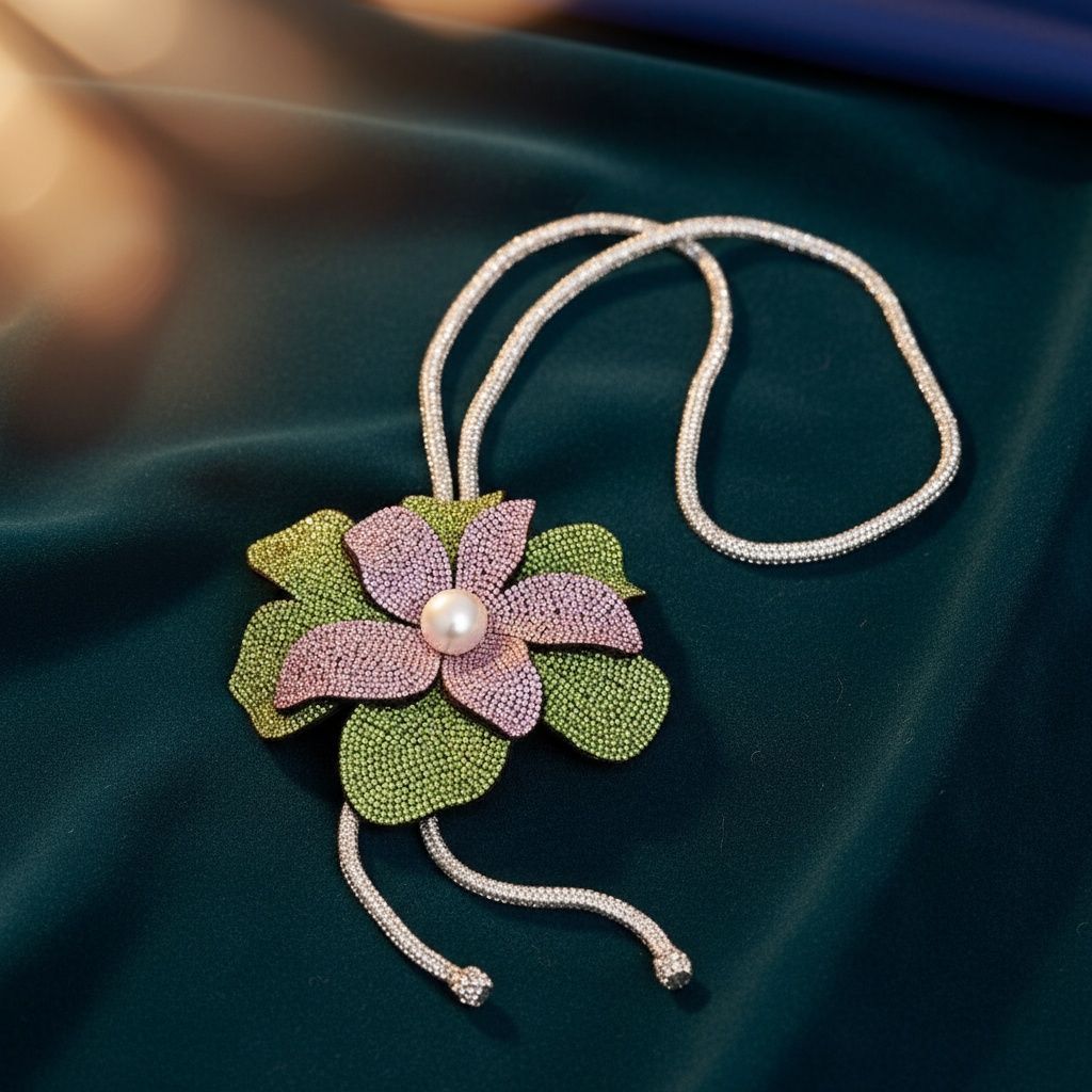 Pink green blooming flower necklace Y drop detail side view