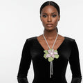 Pink green long Y brilliant blooming flower necklace statement jewelry women