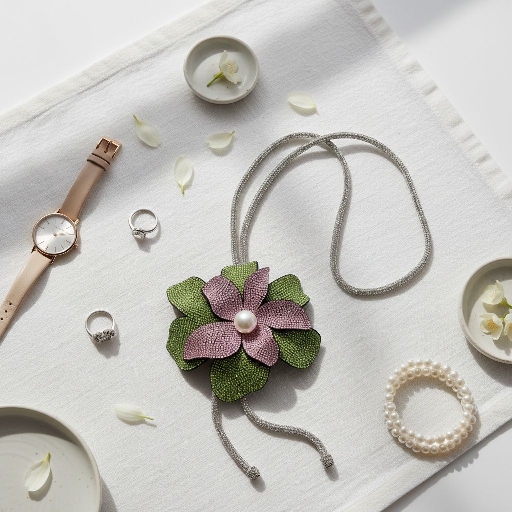 Pink green long Y flower necklace worn on neck close up statement