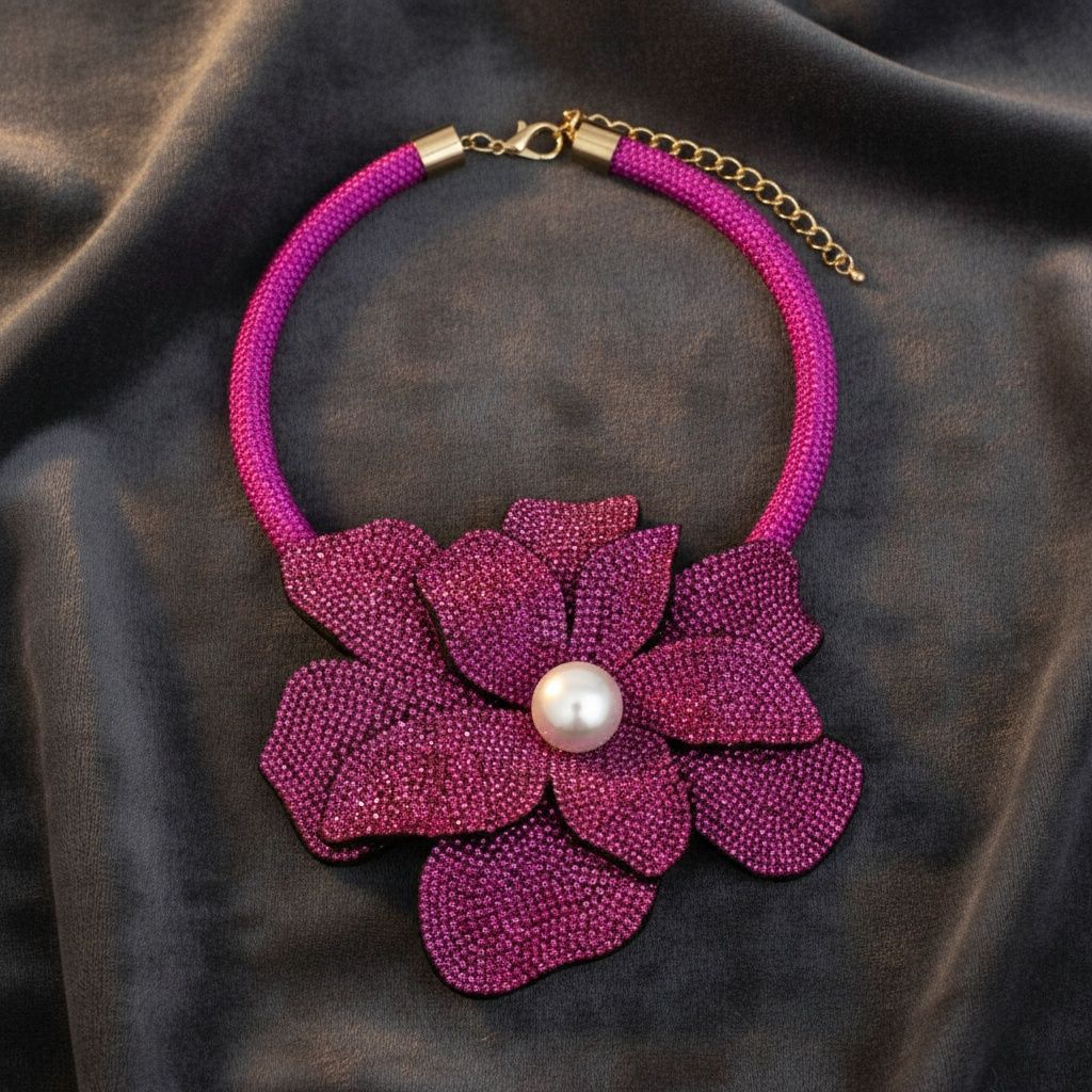 Fuchsia rhinestone flower choker necklace 3D bloom focal close up