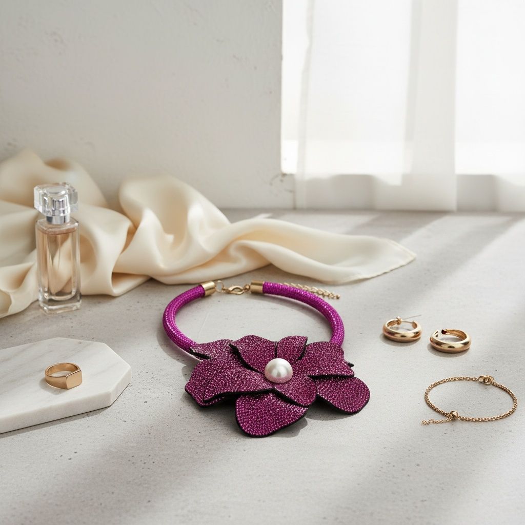 Fuchsia blooming flower rhinestone choker necklace front view vivid