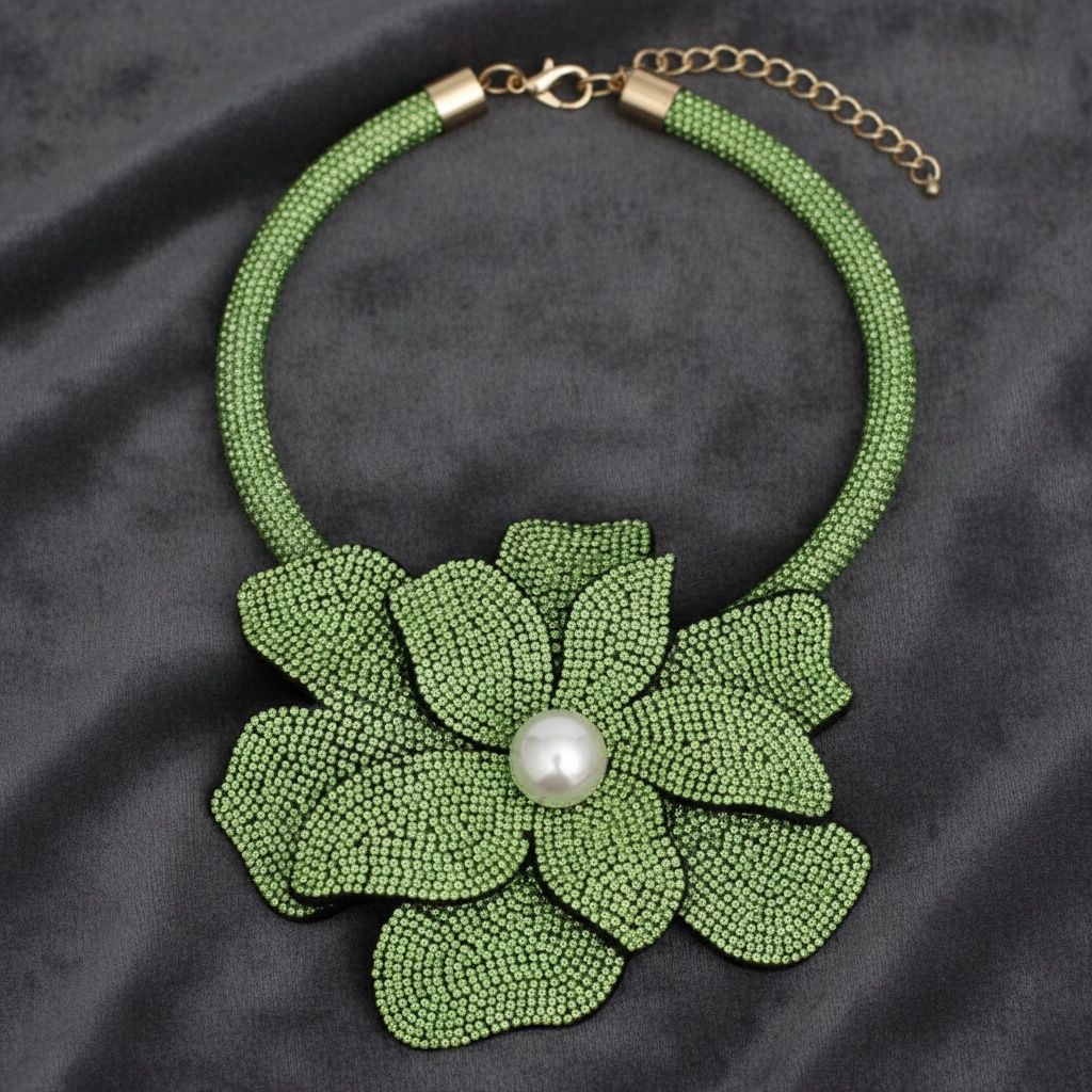 Green rhinestone tube choker necklace 3D flower focal close up