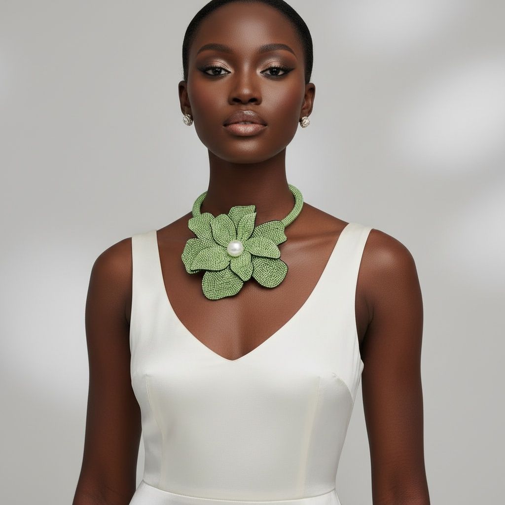 Brilliant green blooming flower choker necklace rhinestone floral statement jewelry