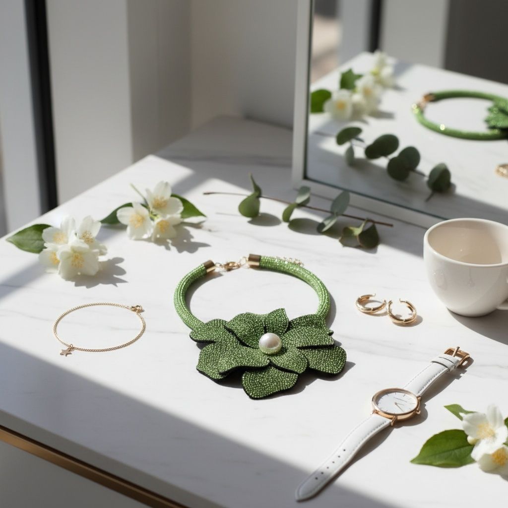 Green blooming flower rhinestone choker necklace front view bold