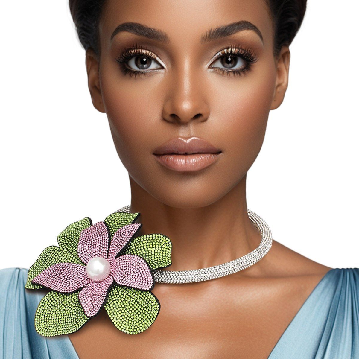 Pink green handcrafted brilliance flower choker necklace statement jewelry women