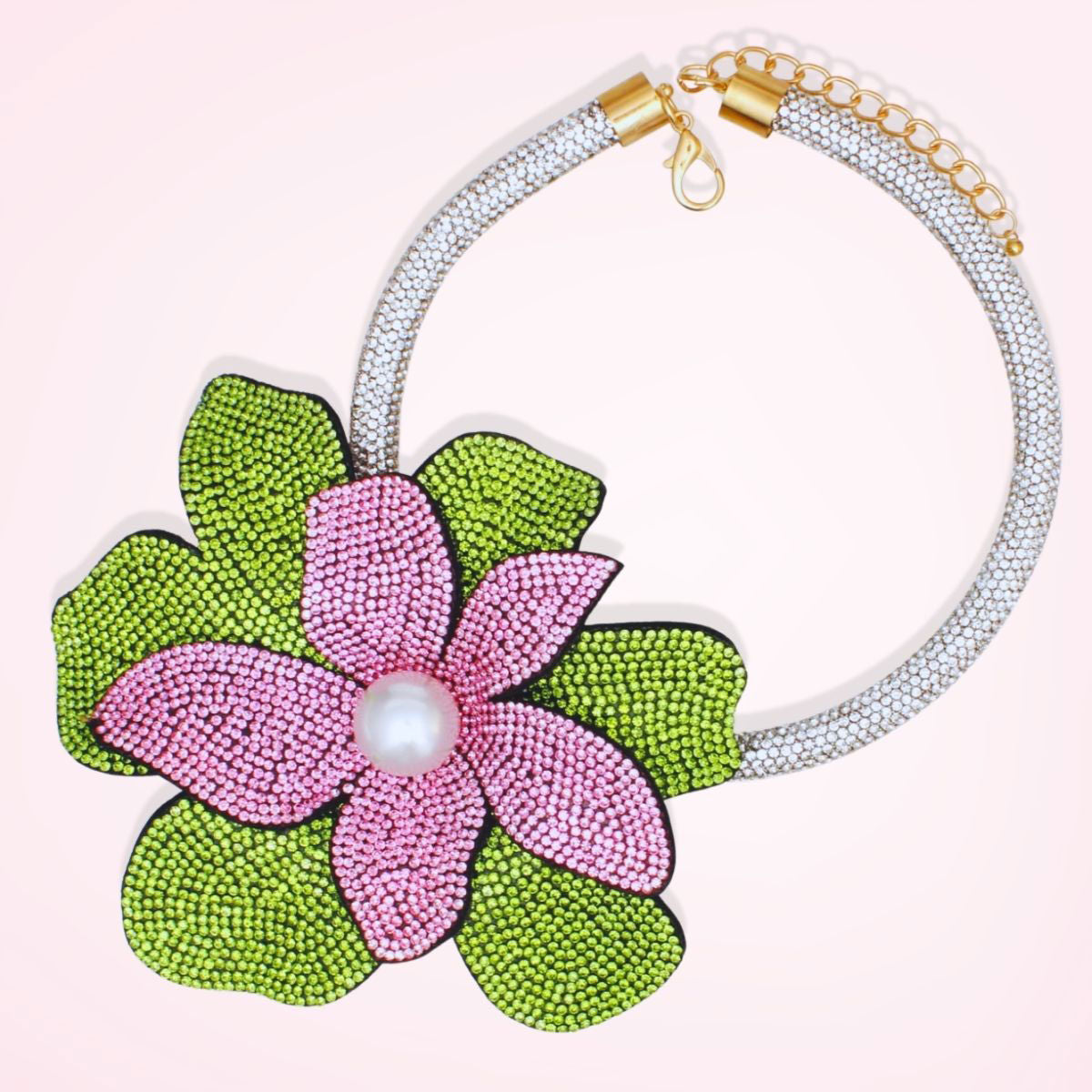 Pink green handcrafted flower choker necklace floral detail close up