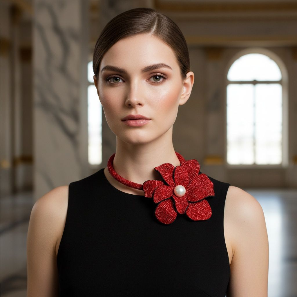 Red rhinestone flower choker necklace 3D bloom focal close up