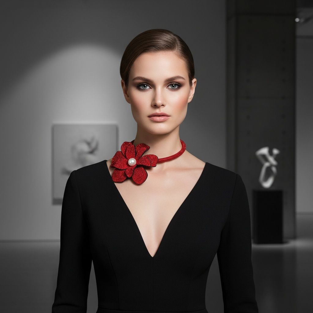Brilliant red flower choker necklace worn on neck sparkling bold