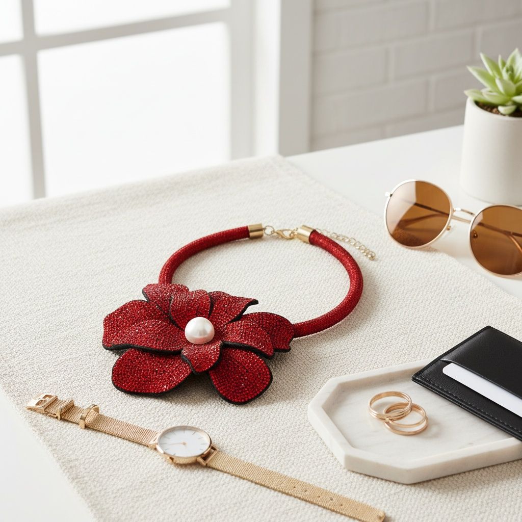 Red blooming flower rhinestone choker necklace front view statement