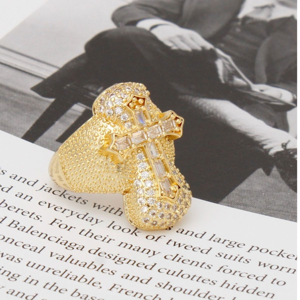 Gold brass CZ cross cocktail ring cubic zirconia detail close up artisan