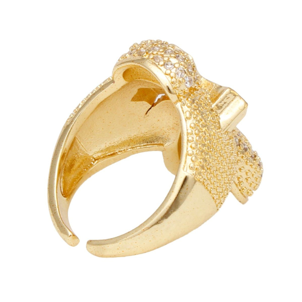 Artisan gold cross cocktail ring front view adjustable worn on hand