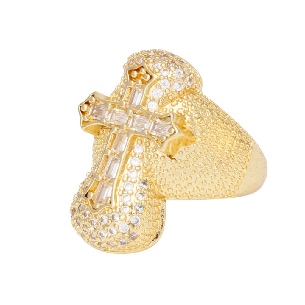 CZ cross ring side view gold metal texturing detail