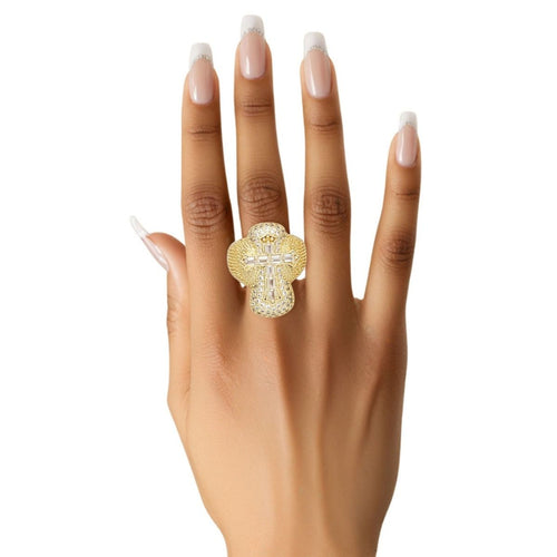 Artisan luxe gold brass CZ cross cocktail ring adjustable cubic zirconia jewelry women