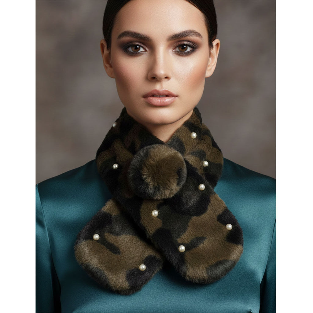 Scarf Luxe Faux Fur Camouflage and Pearl Pull Thru