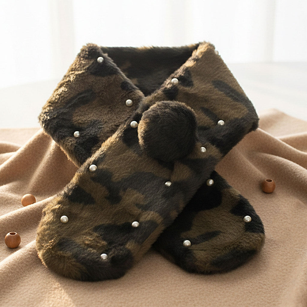 Scarf Luxe Faux Fur Camouflage and Pearl Pull Thru